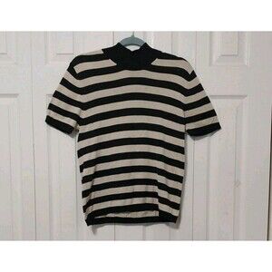 August Silk Knits Women's Classic Short Sleeve Top 100% Silk Tan Black Stripe XL